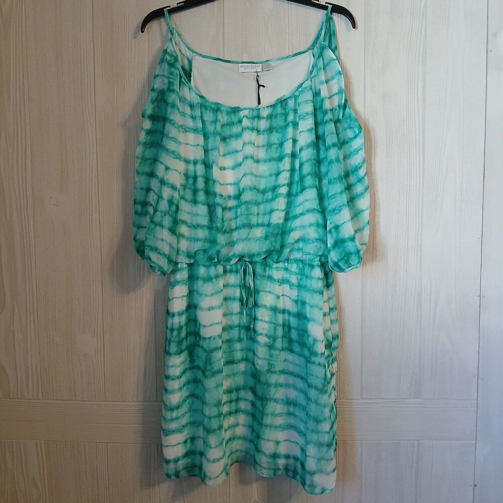 Bisou Bisou Women's Size 14 Mint Green White Tie Dye Cold Shoulder Dress